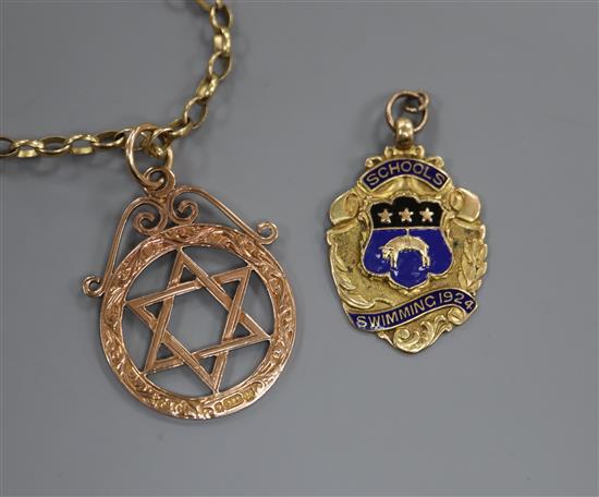 A 9ct gold Star of David on 9ct gold chain and an enamelled 9ct gold watch fob